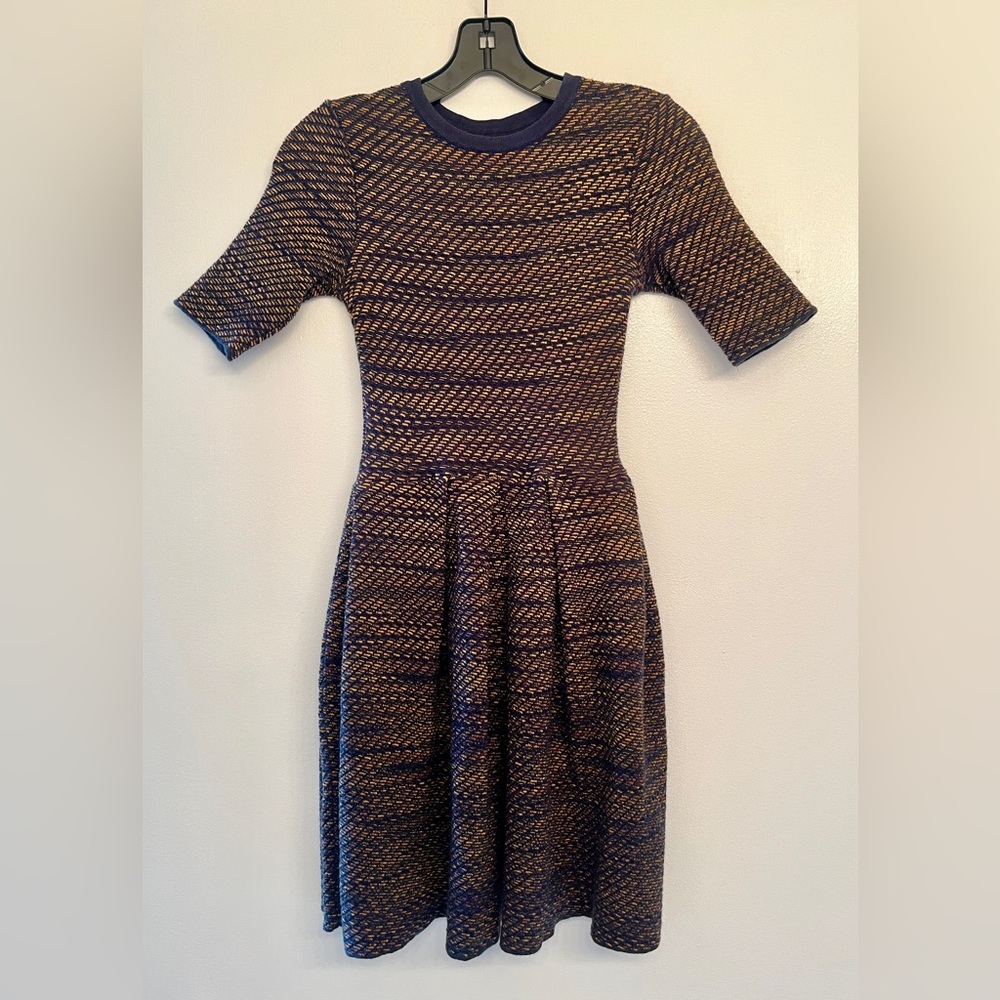 MISSONI (XS, 0) Navy & Gold Knit Dress, Wool & Silk, 1/2 Sleeve, Flared / A-Line